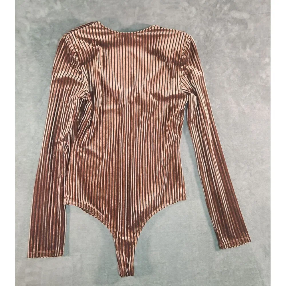 EUC ASTR The Label Womens Bodysuit Medium Brown/Gold Semi Sheer 90s Futuristic‎